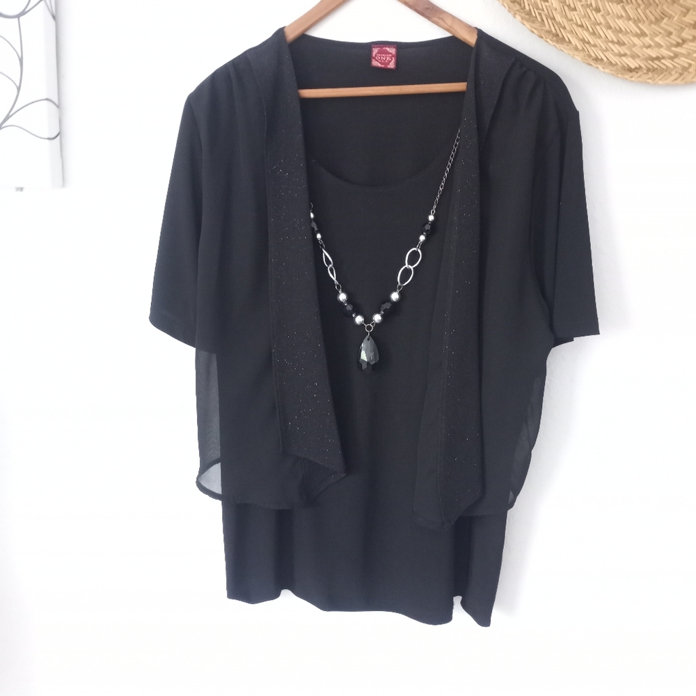 Fashion One USA  Black Top With Shawl Cardigan Sparkle Necklace Sz L